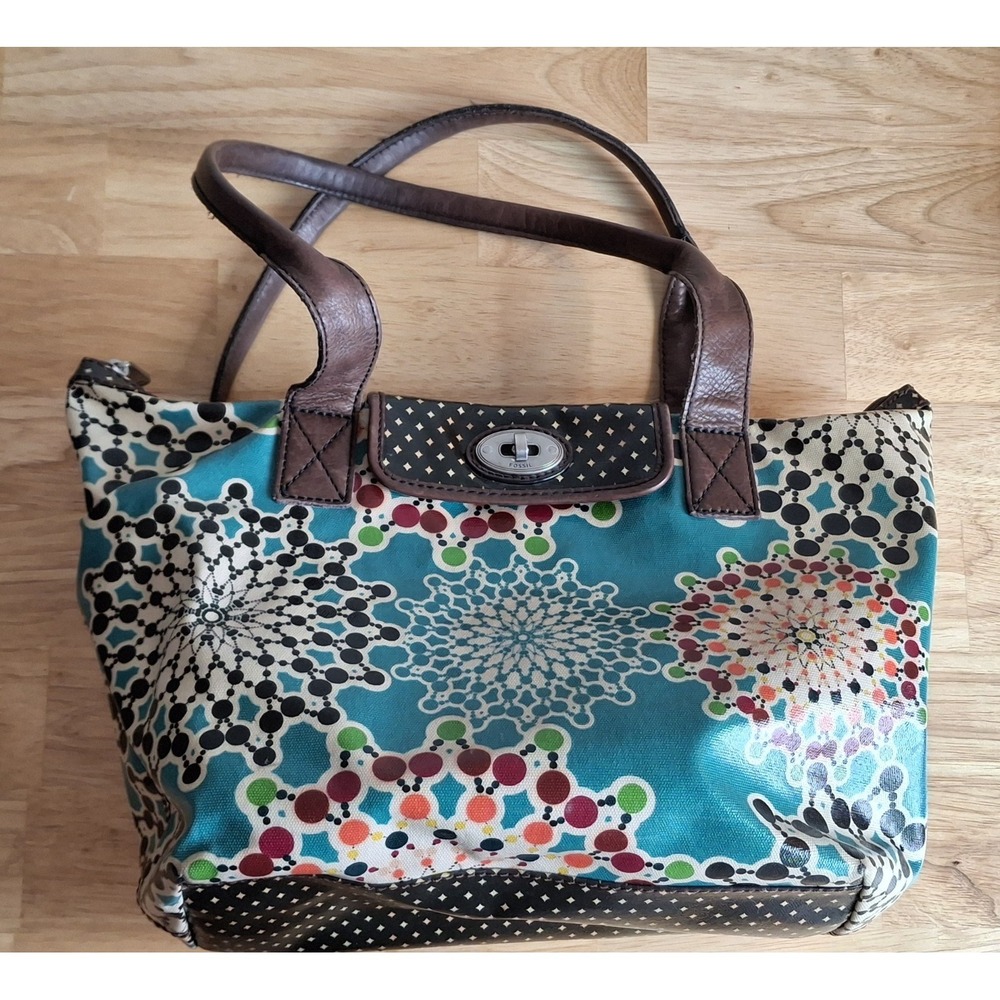 Fossil Key-Per Coated Canvas Tote Floral Large Shoulder Bag Purse Boho Artsy